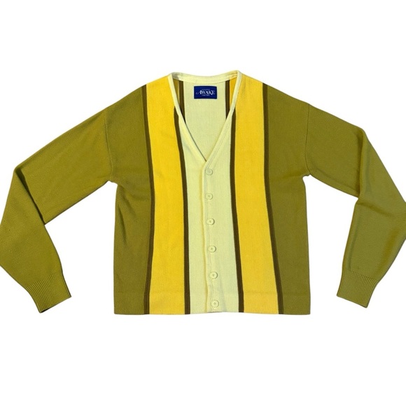 Awake NY Men's Wool Striped Yellow Cardigan Size XL - Picture 2 of 7